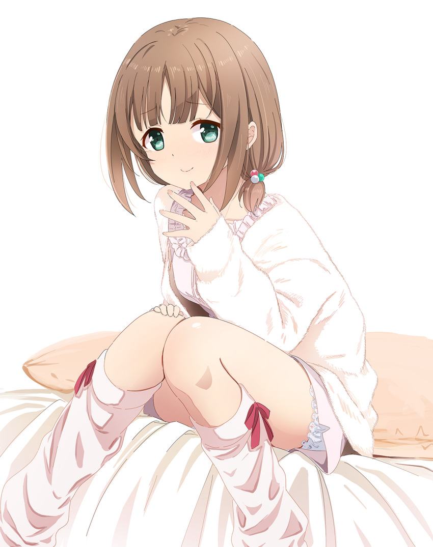 1girl abe_kanari alternate_costume bed breasts brown_hair closed_mouth collarbone commentary_request green_eyes hair_ornament high_school_fleet highres kinesaki_akane looking_at_viewer medium_breasts pajamas simple_background sitting smile socks solo white_background