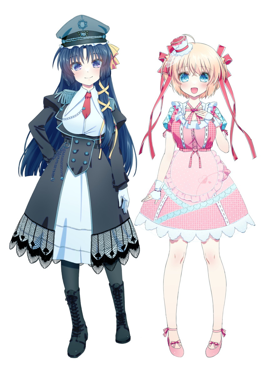 2girls :d absurdres ahoge alternate_costume apron aqua_eyes arm_at_side black_dress black_footwear black_hair black_headwear blonde_hair blue_eyes blunt_ends blush boots closed_mouth cross-laced_footwear crossed_bangs dress frilled_apron frills full_body gloves hair_between_eyes hair_ornament hair_ribbon hand_on_own_chest hand_on_own_hip hand_up hat highres juliet_sleeves kamikita_komari kurugaya_yuiko little_busters! long_hair long_ribbon long_sleeves looking_at_viewer mary_janes military_hat mini_hat mini_top_hat multiple_girls natsuoto_rito necktie open_mouth pink_apron pink_footwear pink_shirt pink_skirt plaid plaid_skirt puffy_short_sleeves puffy_sleeves red_necktie red_ribbon ribbon shirt shoes short_hair short_necktie short_sleeves sidelocks simple_background skirt smile standing star_(symbol) star_hair_ornament straight-on straight_hair tachi-e top_hat very_long_hair waist_apron white_background white_gloves