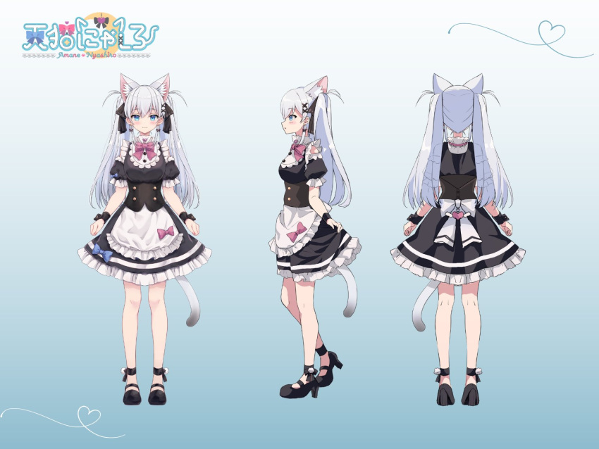 1girl amane_nyashiro animal_ear_fluff animal_ears apron black_corset black_dress black_footwear black_ribbon blue_eyes blue_ribbon bow bow_earrings cat_ears cat_tail corset dress earrings hair_ornament hairclip heart highres jewelry lovvebox maid maruma_(maruma_gic) multiple_views official_art pink_ribbon pom_pom_(clothes) reference_sheet ribbon second-party_source tail twintails virtual_youtuber white_apron white_hair winged_heart wrist_cuffs