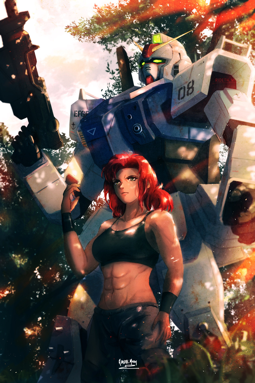 1girl abs absurdres armband assault_rifle breasts dark_skin forest ground_gundam gun gundam gundam_08th_ms_team highres karen_joshua machine_gun mecha mobile_suit muscular muscular_female muzzle nature red_hair rideth_mochi rifle robot science_fiction serious signature soldier tank_top tree weapon yellow_eyes