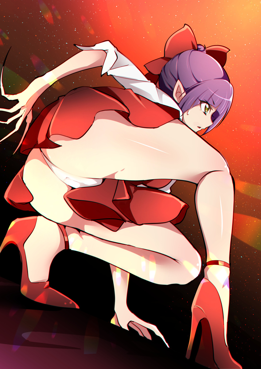 1girl absurdres anklet ass bow cameltoe commentary dress fingernails frown gegege_no_kitarou hair_bow high_heels highres jewelry long_sleeves looking_to_the_side mitsuki_tayura nekomusume nekomusume_(gegege_no_kitarou_6) open_mouth panties pantyshot pinafore_dress pointy_ears purple_hair red_bow red_dress red_footwear sharp_fingernails shirt short_dress short_hair sleeveless sleeveless_dress solo squatting sweatdrop underwear upskirt white_panties white_shirt yellow_eyes