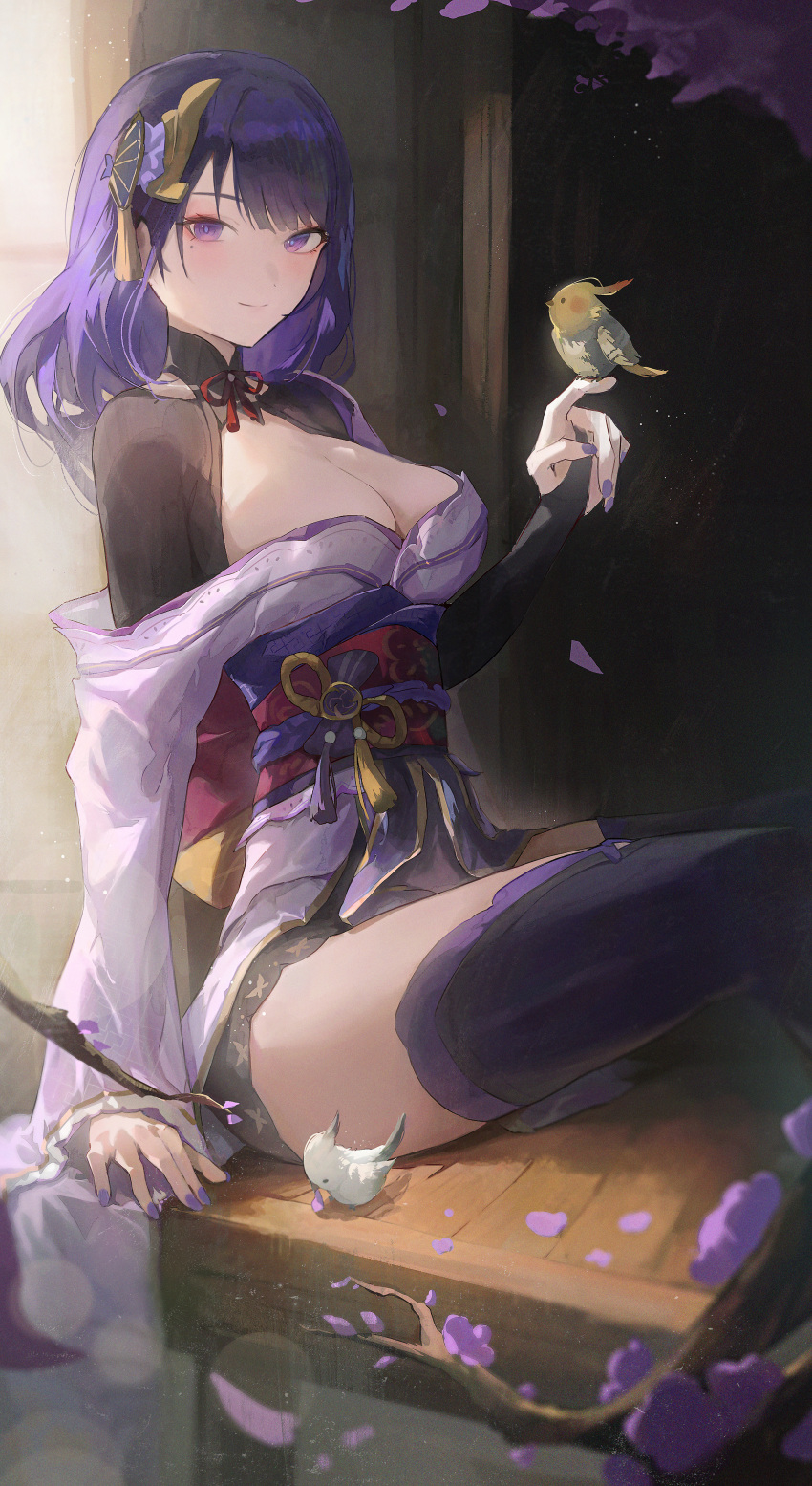 1girl absurdres arm_support bird bird_on_hand breasts cleavage commentary_request genshin_impact hair_ornament highres large_breasts long_hair looking_at_viewer nail_polish obi off_shoulder purple_eyes purple_hair purple_nails purple_thighhighs raiden_shogun red_sash sash shrug_(clothing) sitting smile solo thighhighs thighs yonesdraws