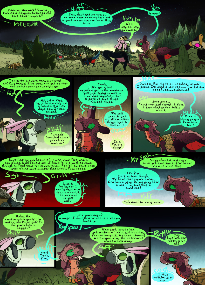 absurd_res comic dialogue dinosaur doerate_(thepatchedragon) dragon dragonscape drekir dromaeosaurid fantasy female feral forest forl_(thepatchedragon) group hi_res hiker_(thepatchedragon) jat_(thepatchedragon) male plant post-apocalyptic reptile scalie shield sunrise text thepatchedragon theropod tree weapon