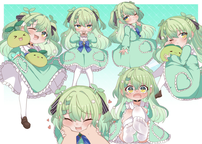 1girl 1other aged_down blue_bow blue_bowtie blush bow bowtie braid braided_bangs brown_footwear caress ceres_fauna closed_eyes closed_mouth clothes_pull commentary crossed_bangs dress english_commentary feet flower flustered frilled_dress frills full-face_blush furrowed_brow gradient_hair green_dress green_hair hair_between_eyes hair_flower hair_ornament hair_ribbon hands_on_another's_face heart highres hololive hololive_english knees_up loafers long_hair looking_at_viewer mole mole_under_eye multicolored_hair multiple_views no_shoes one_eye_closed open_mouth pantyhose pantyhose_pull ribbon sapling_(ceres_fauna) senbon_tsuki shoes sitting smile soles sprout standing toes virtual_youtuber white_flower white_pantyhose wide-eyed yellow_eyes