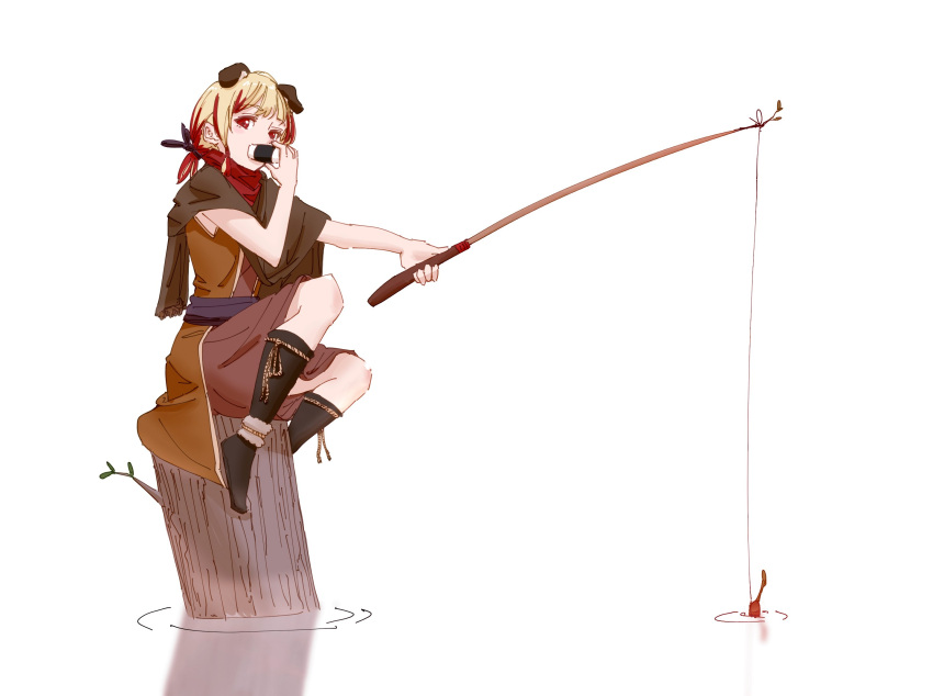 1girl animal_ears bandana black_footwear blonde_hair boots brown_dress brown_scarf commentary dog_ears dog_girl dress eating fishing fishing_rod food full_body highres hironoshin_110 holding holding_fishing_rod holding_food looking_at_viewer medium_bangs nanashi_inc. onigiri red_bandana red_eyes red_hair ripples scarf seshima_rui short_hair simple_background sitting_on_tree_stump solo white_background