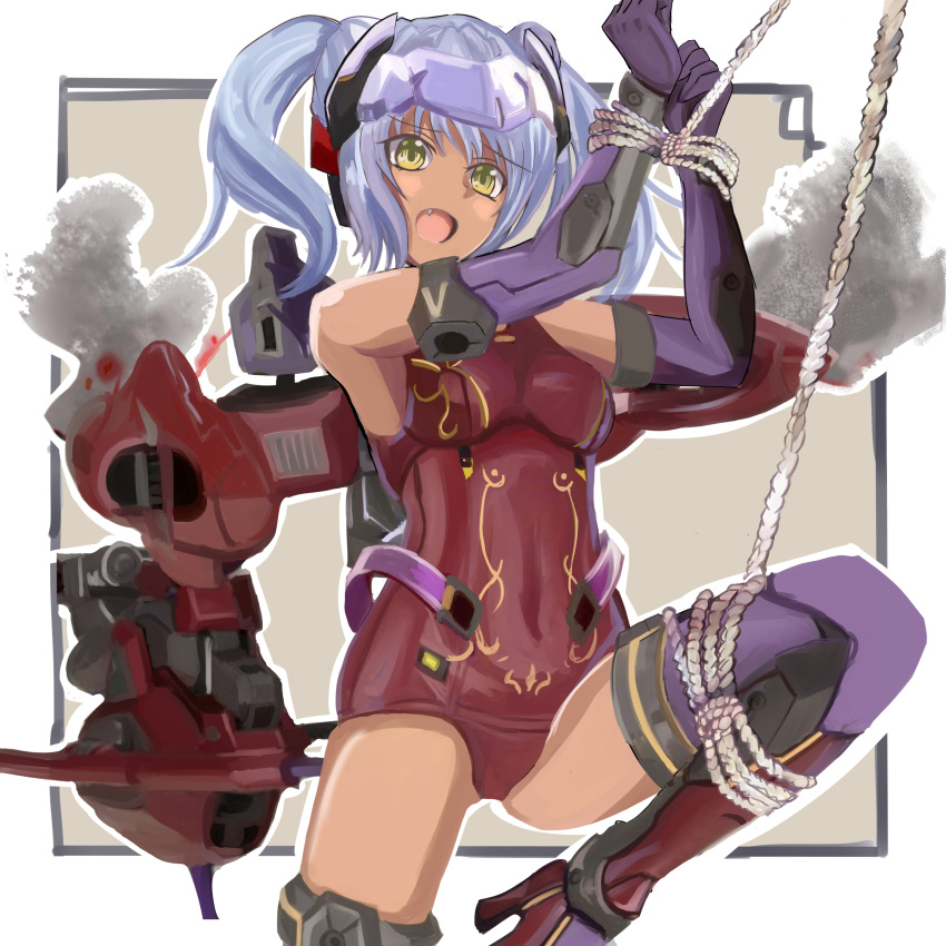 1girl bdsm blush bondage bound bound_leg bound_wrists breasts damaged dark_skin elbow_gloves frame_arms_girl gloves green_eyes grey_hair headgear high_heels highres hresvelgr_rufus long_hair mecha_musume medium_breasts open_mouth restrained school_swimsuit smoke solo swimsuit thighhighs twintails uruzu