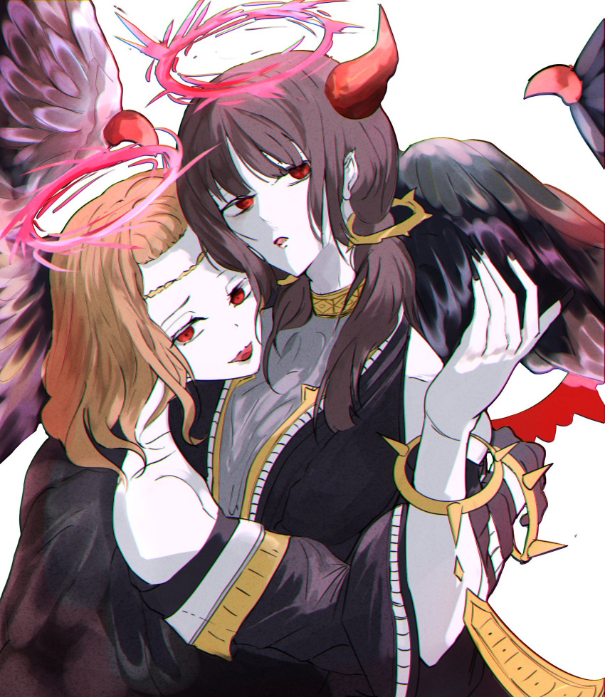 2girls bare_shoulders black_feathers brown_hair capricious_darklord demon_horns dress duel_monster fallen_angel feathered_wings feathers highres horns indulged_darklord long_hair medium_hair multiple_girls open_mouth pointy_ears red_eyes red_hair single_wing sketch skirt twintails uragawai white_skirt wings yu-gi-oh!
