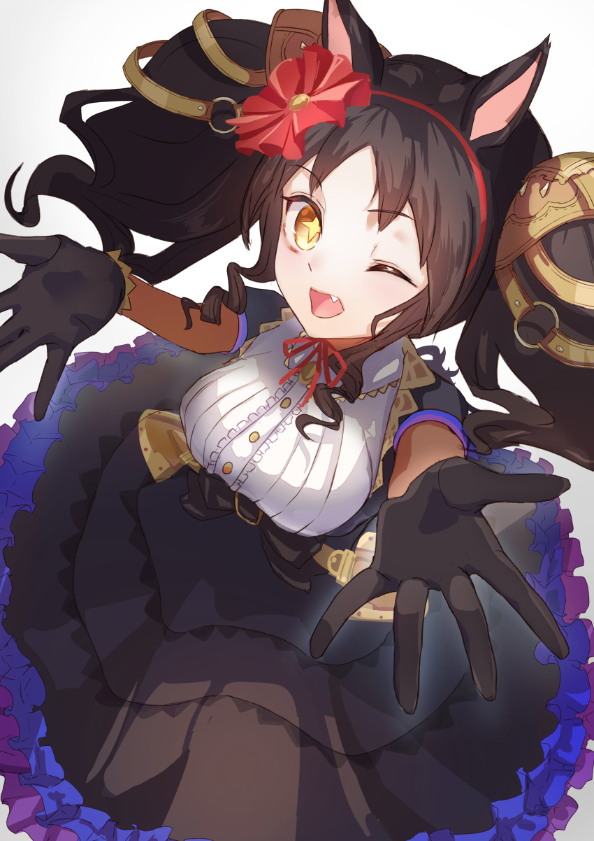 +_+ 1girl absurdres animal_ears black_gloves black_hair blush breasts center_frills commentary_request cowboy_shot fang frills gloves hair_ornament highres horse_ears horse_girl huge_breasts large_breasts long_hair looking_at_viewer marvelous_sunday_(umamusume) nikotomiko025 open_mouth outstretched_arms partial_commentary puffy_short_sleeves puffy_sleeves short_sleeves simple_background skin_fang solo thighs twintails umamusume v white_background yellow_eyes