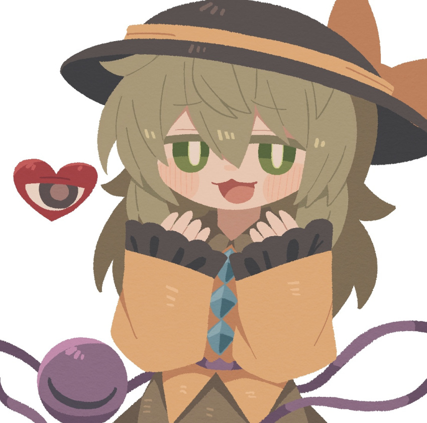 1girl :3 black_eyes black_headwear blush bright_pupils brown_pupils buttons collared_shirt diamond_(shape) diamond_button frilled_shirt frilled_sleeves frills green_eyes green_hair green_skirt hair_between_eyes hands_up hat hat_ribbon heart jaggy_lines komeiji_koishi long_hair long_sleeves looking_at_viewer no_lineart no_sclera open_mouth ribbon shirt simple_background skirt smile smug solo third_eye tongue touhou white_background white_pupils yellow_ribbon yellow_shirt zunusama