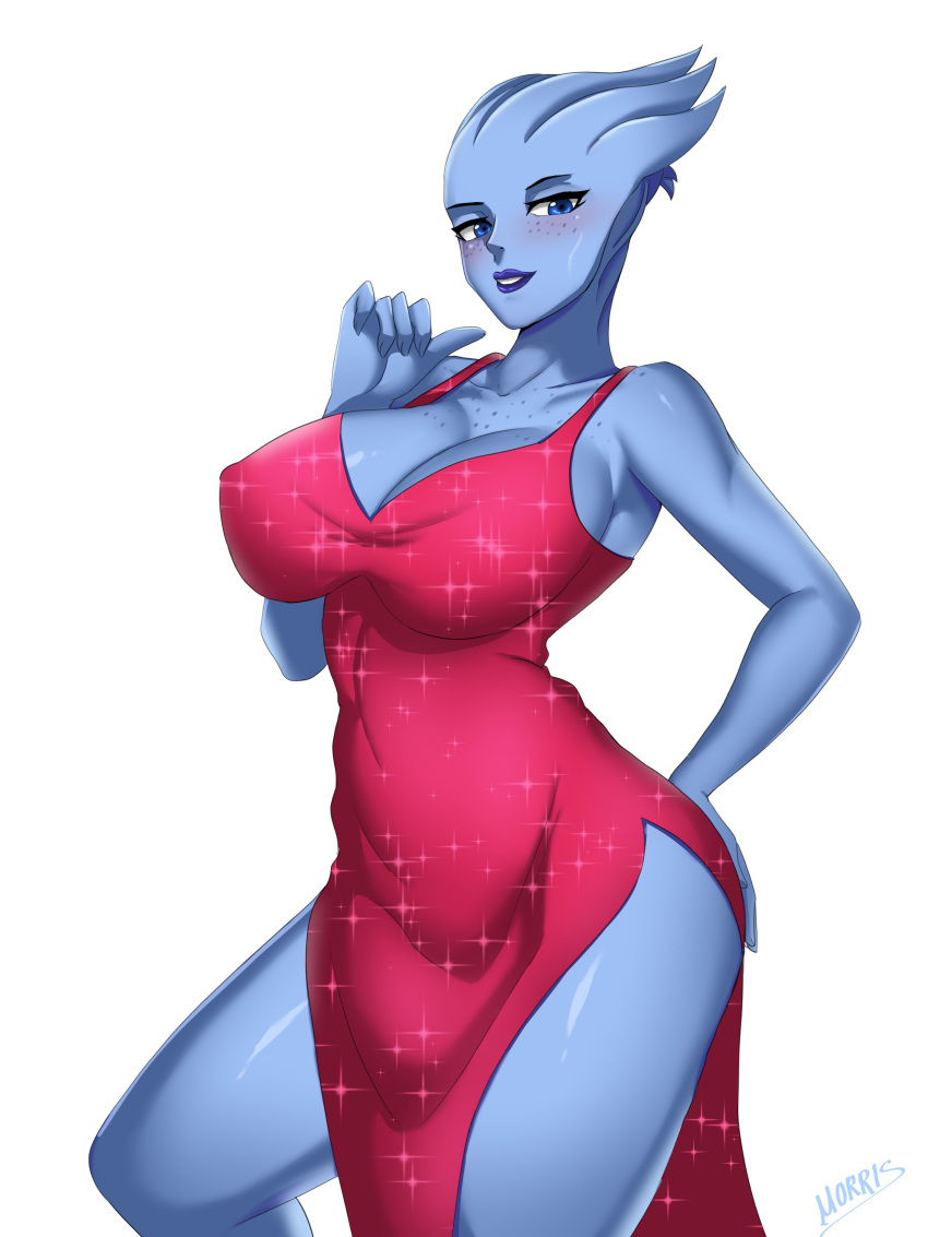 2023 5_fingers absurd_res alien alien_humanoid asari big_breasts big_butt black_eyebrows black_eyelashes blue_body blue_eyes blue_lips blue_skin blush breasts butt cleavage clothed clothing cocktail_dress collarbone contrapposto dress eyebrows eyelashes female fingernails fingers freckled_breasts freckled_chest freckled_face freckles hand_on_butt hi_res humanoid liara_t'soni lips mass_effect morris_(artist) nails nipple_outline open_mouth pinup pose red_clothing red_dress signature simple_background slit_dress solo sparkles sparkly_dress standing teeth three-quarter_view white_background