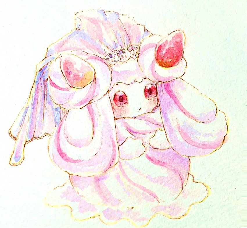 1girl alcremie alcremie_(ruby_cream) alcremie_(strawberry_sweet) blush butter_(oshi8kyoumoh) clothed_pokemon commentary_request dot_mouth food-themed_hair_ornament full_body hair_ornament highres long_hair multicolored_hair painting_(medium) pink_hair pink_veil pokemon pokemon_(creature) red_eyes sidelocks simple_background solo standing strawberry_hair_ornament streaked_hair traditional_media veil watercolor_(medium) white_background