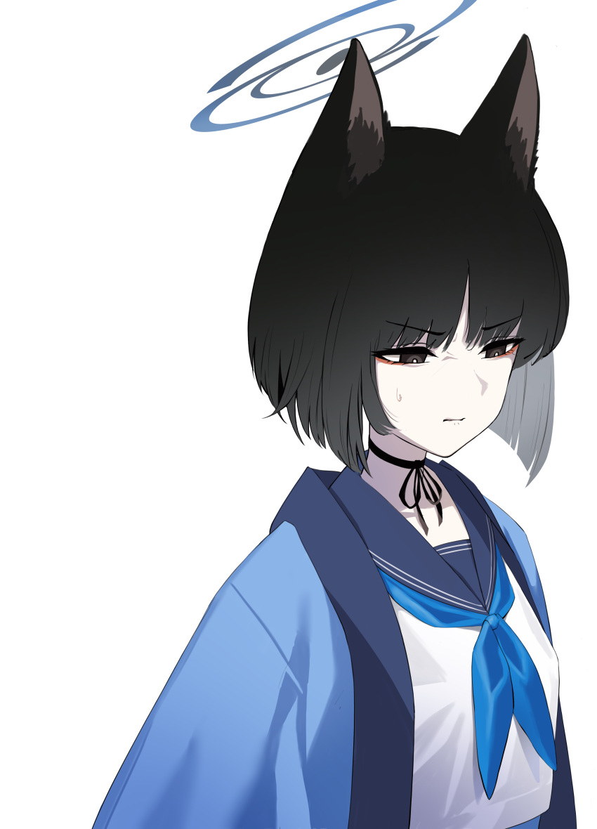 1girl absurdres animal_ear_fluff animal_ears black_choker black_eyes black_hair blue_archive bob_cut bow_choker cat_ears cat_girl choker commentary_request crying crying_with_eyes_open eyeshadow halo haori highres japanese_clothes kikyou_(blue_archive) long_sleeves looking_at_viewer makeup parted_bangs red_eyeshadow ribbon_choker short_hair sidelocks simple_background solo streaming_tears takinohamira tears white_background