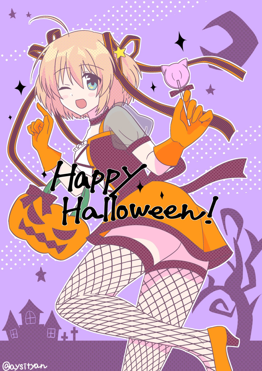 1girl ;d ahoge alternate_costume aqua_eyes black_choker black_ribbon blonde_hair blush_stickers candy choker commentary_request fishnet_thighhighs fishnets food foot_out_of_frame frilled_choker frills from_behind gloves hair_ornament hair_ribbon halloween halloween_costume hands_up happy happy_halloween high_heels highres holding holding_candy holding_food holding_lollipop index_finger_raised jack-o'-lantern kamikita_komari little_busters! lollipop long_ribbon looking_at_viewer miniskirt one_eye_closed open_mouth orange_footwear orange_gloves orange_skirt purple_background ribbon sai_(aysityan) short_hair short_sleeves simple_background skirt smile solo sparkle standing standing_on_one_leg star_(symbol) star_hair_ornament thighhighs thighs twitter_username two_side_up zettai_ryouiki