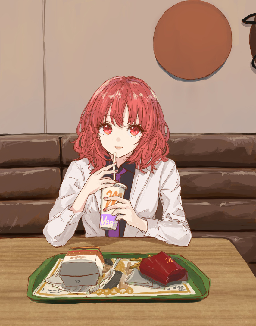 1girl commentary cup fast_food highres holding holding_cup horikawa_raiko indoors kashiwada_kiiho long_sleeves looking_at_viewer mcdonald's necktie purple_necktie red_eyes red_hair short_hair solo touhou upper_body