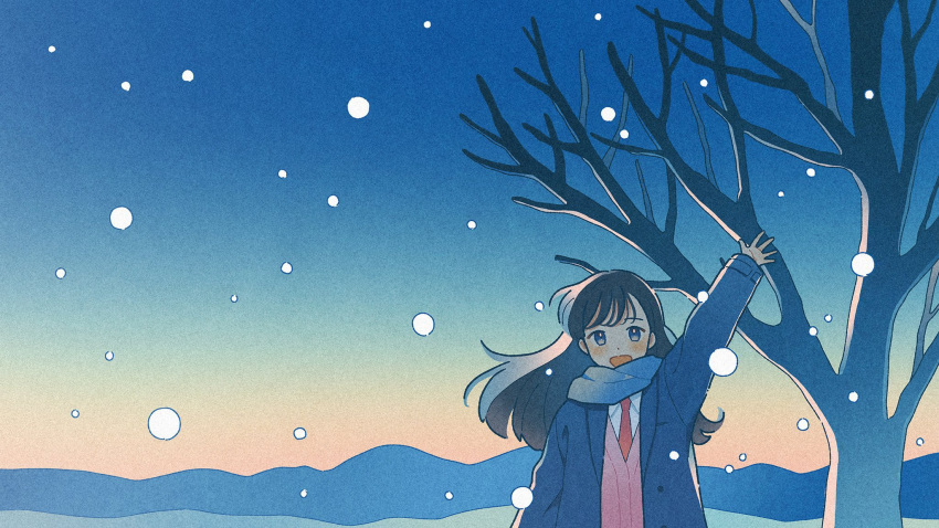 1girl :d black_hair blue_coat blue_eyes blue_scarf blue_sky blush coat collared_shirt commentary_request dawn dot_nose gradient_sky highres long_hair long_sleeves looking_at_viewer nahara_saki necktie open_clothes open_coat open_mouth orange_sky original outdoors outstretched_arm pink_vest plant red_necktie scarf scenery shirt sky smile snowing solo tree vest waving white_shirt wide_shot wind