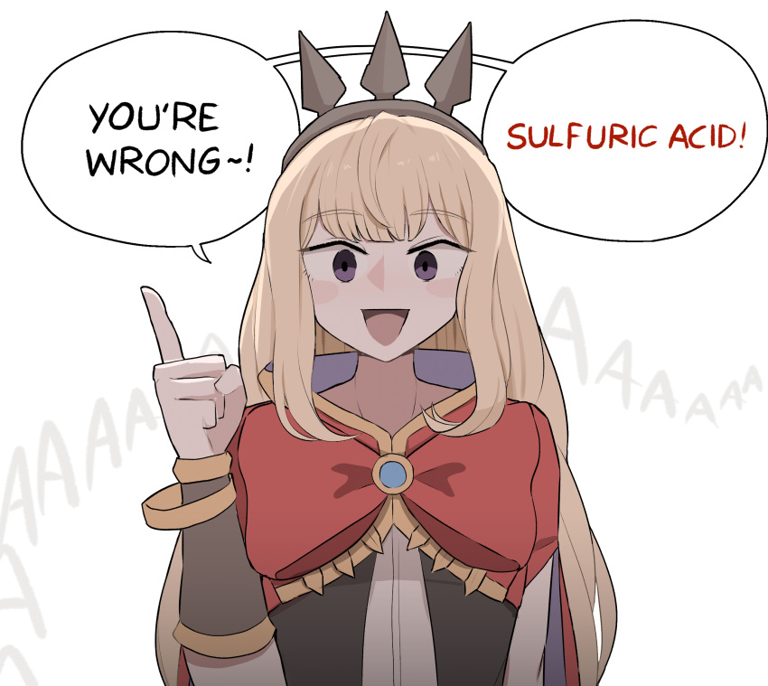 1girl :d arm_up armlet blonde_hair blunt_bangs blush_stickers bracelet cagliostro_(granblue_fantasy) cape empty_eyes english_commentary english_text granblue_fantasy highres hood jewelry long_hair mata_(matasoup) meme pointing purple_eyes short_sleeves sidelocks smile solo speech_bubble spiked_headband tiara