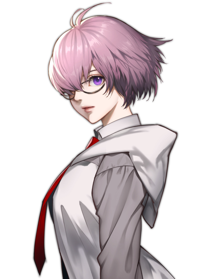 1girl black-framed_eyewear commentary fate/grand_order fate_(series) floating_hair glasses grey_jacket hair_over_one_eye highres hood hood_down hooded_jacket jacket lips long_sleeves looking_at_viewer mash_kyrielight multicolored_clothes multicolored_jacket necktie one_eye_covered parted_lips pink_lips purple_eyes purple_hair red_necktie short_hair simple_background solo stf_amagihana two-tone_jacket white_background white_jacket