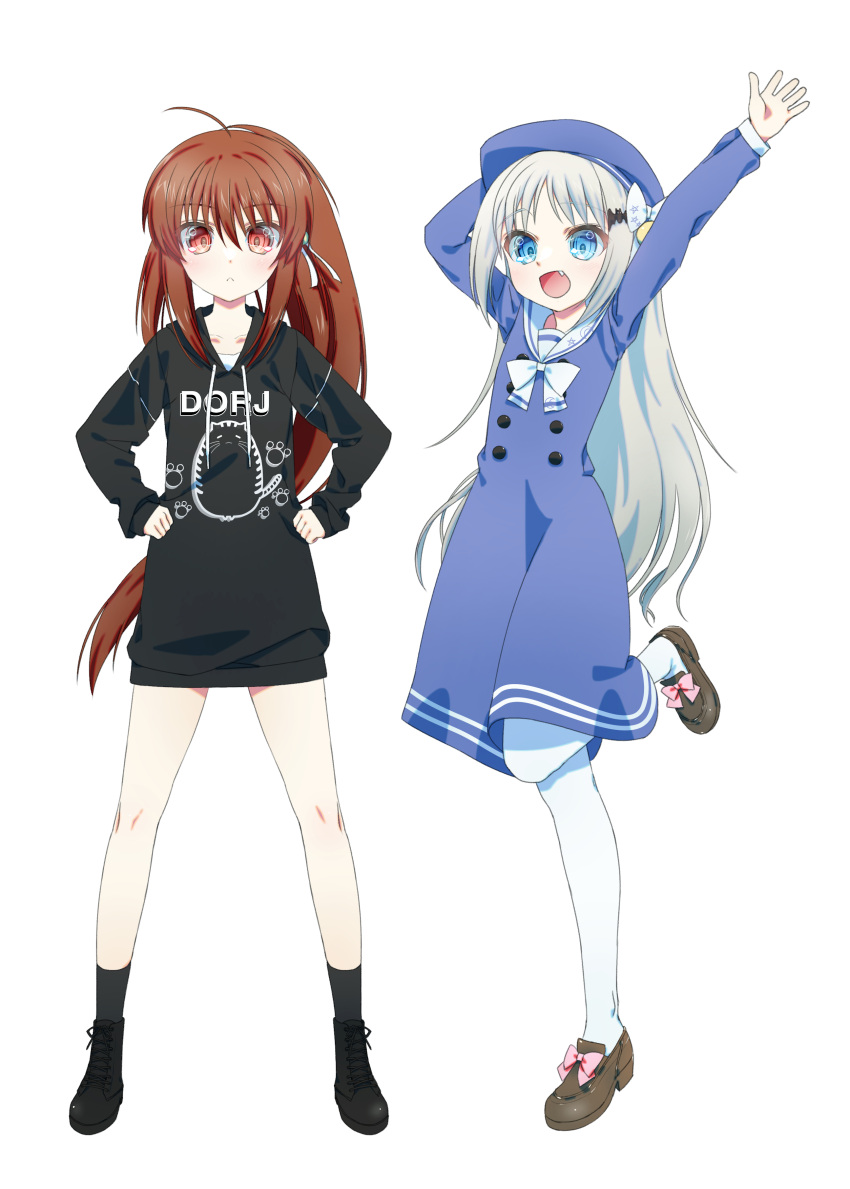 2girls :&lt; :d absurdres ahoge alternate_costume arms_up bat_hair_ornament beret black_footwear black_hoodie black_socks blue_dress blue_eyes blue_headwear blush boots bow brown_footwear brown_hair casual character_print commentary_request cross-laced_footwear doruji dress footwear_bow frown full_body grey_hair hair_between_eyes hair_ornament hair_ribbon hands_on_own_hips happy hat hat_bow highres hood hood_down hoodie little_busters! loafers long_hair looking_at_viewer multiple_girls natsume_rin natsuoto_rito noumi_kudryavka open_mouth outstretched_arm pantyhose parted_bangs paw_print pink_bow ponytail red_eyes ribbon sailor_collar sailor_dress shoes side-by-side sidelocks simple_background sleeves_past_wrists smile socks standing standing_on_one_leg tachi-e very_long_hair white_background white_bow white_pantyhose white_ribbon white_sailor_collar