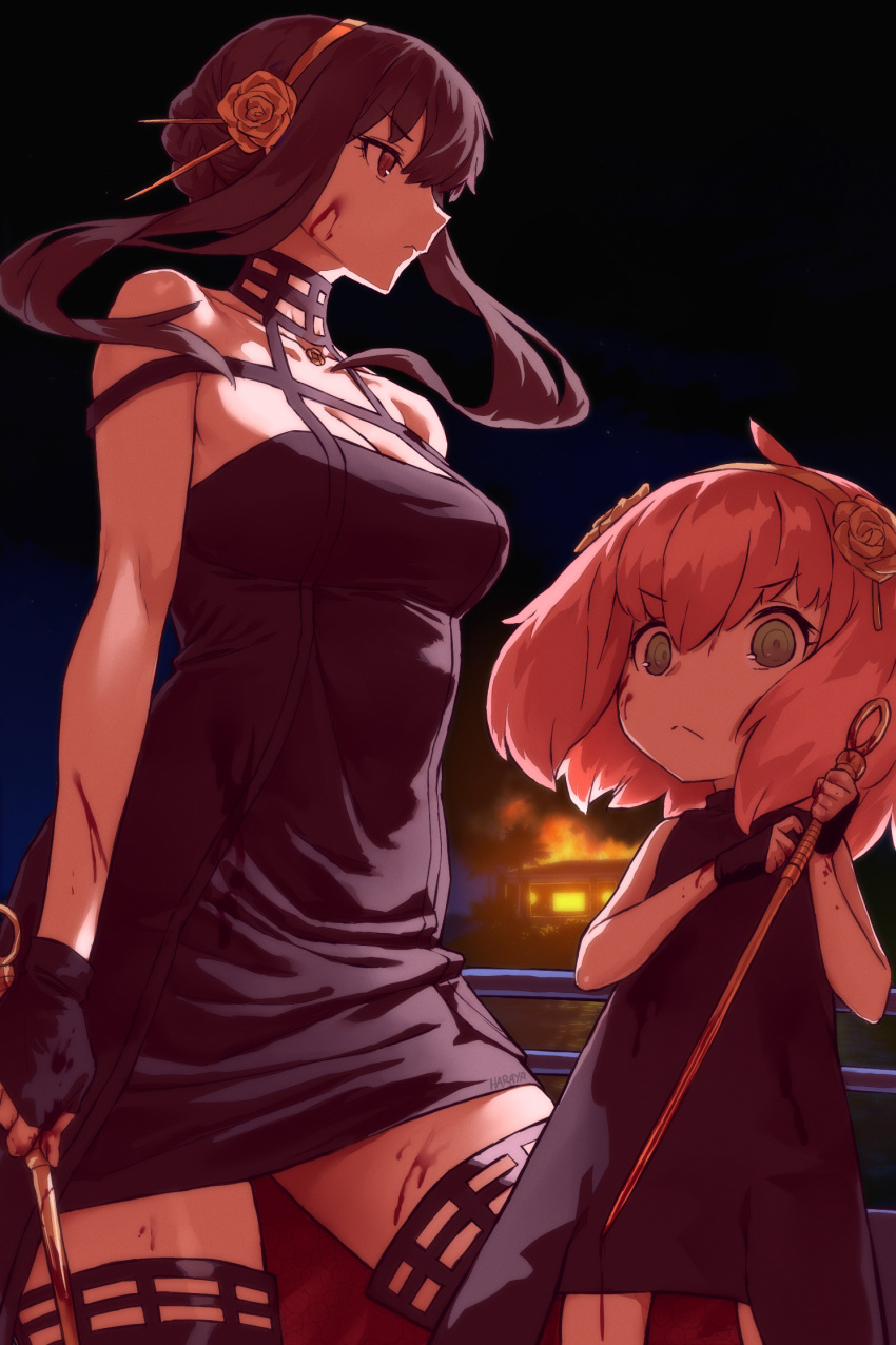 2girls anya_(spy_x_family) bare_shoulders black_dress black_hair blood blood_on_arm blood_on_clothes blood_on_face blood_on_hands blood_splatter breasts child cleavage dagger dress earrings flower gloves gold_earrings gold_hairband green_eyes hair_ornament hairband haraya_manawari highres holding holding_dagger holding_knife holding_weapon jewelry knife large_breasts long_hair looking_at_viewer mother_and_daughter multiple_girls pink_hair red_eyes sidelocks spy_x_family stiletto_(weapon) weapon yor_briar