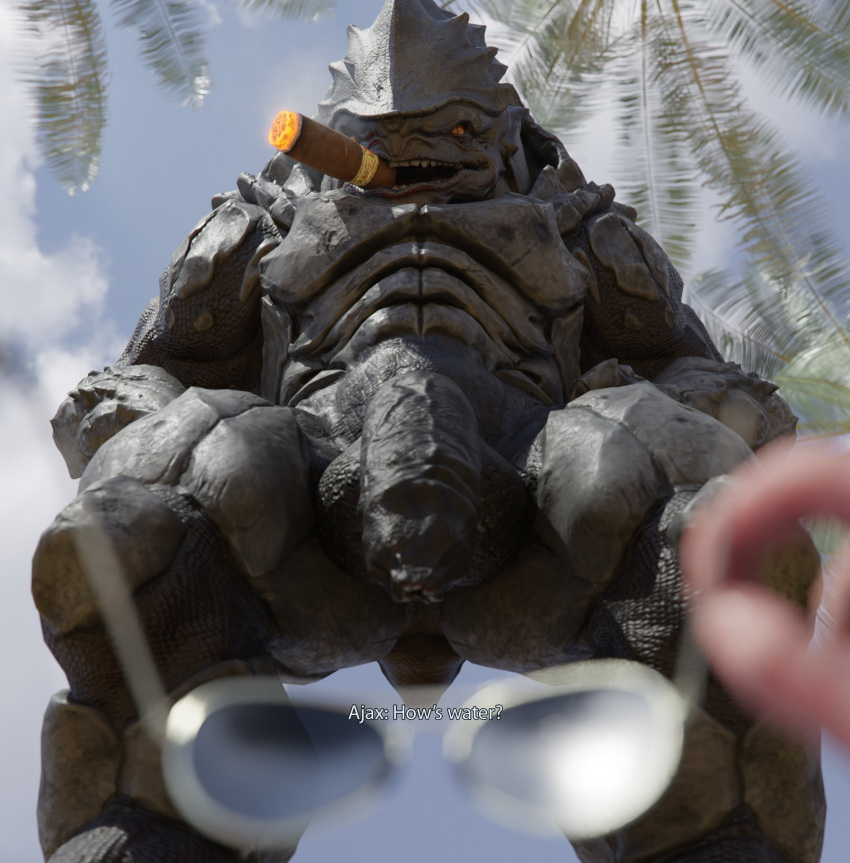 3d_(artwork) 4_balls alien balls beach big_balls big_penis cigar dialogue digital_media_(artwork) english_text eyewear first_person_view flaccid foreskin genitals hi_res humanoid_genitalia humanoid_penis krogan looking_at_viewer looking_down looking_down_at_viewer low-angle_view male mass_effect multi_balls multi_genitalia muscular muscular_male nude open_mouth outside palm_tree penis plant pose rooking seaside sky smoking solo standing standing_over_viewer sunglasses sunny text tree worm's-eye_view