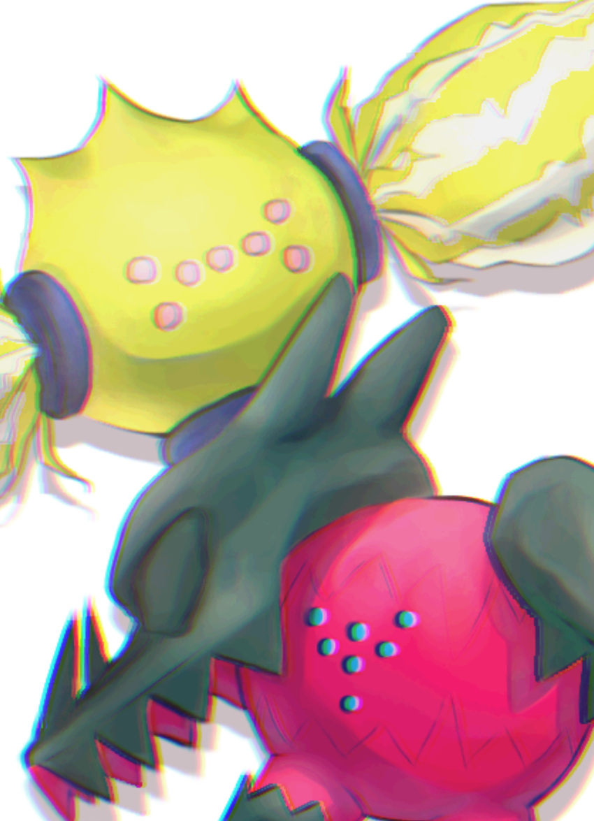 aliasing aqua_eyes butter_(oshi8kyoumoh) chromatic_aberration commentary_request drop_shadow electricity highres no_humans partial_commentary pink_eyes pokemon pokemon_(creature) regidrago regieleki resized simple_background skull upscaled white_background