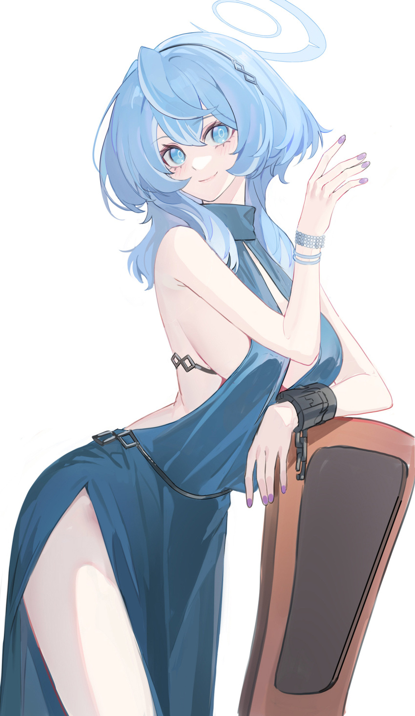 1girl ako_(blue_archive) ako_(dress)_(blue_archive) backless_dress backless_outfit black_hairband blue_archive blue_eyes blue_hair blue_halo blush breasts cleavage closed_mouth cowboy_shot cuffs dress echj fingernails hair_between_eyes hairband halo handcuffs highres large_breasts long_hair nail_polish official_alternate_costume purple_nails sideboob sleeveless sleeveless_dress smile solo