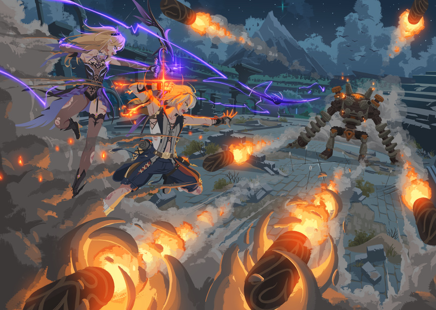 1boy 1girl aiming arms_up arrow_(projectile) asymmetrical_legwear battle bennett_(genshin_impact) blonde_hair blood blood_on_face boots bow_(weapon) cuts drawing_bow dress fire fischl_(genshin_impact) fisheye garter_straps genshin_impact highres holding holding_arrow holding_bow_(weapon) holding_weapon injury iohc_choi jumping long_hair looking_at_another mismatched_legwear mountainous_horizon night night_sky open_mouth outdoors outstretched_arm oz_(genshin_impact) rocket shorts single_garter_strap single_leg_pantyhose single_thighhigh sky smoke thighhighs torn_clothes weapon