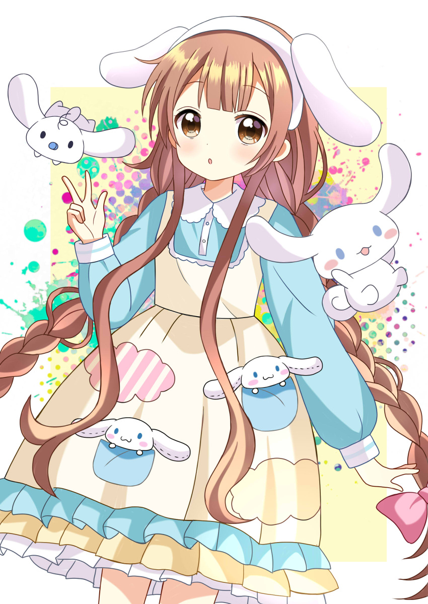 1girl absurdres animal_ear_hairband animal_ears aqua_shirt aqua_skirt blush_stickers border bow braid brown_eyes brown_hair buttons character_doll cinnamoroll collar commentary curled_tail dress fake_animal_ears floating frilled_shirt_collar frills hair_bow hair_over_shoulder hairband hand_up highres layered_skirt long_hair looking_at_viewer oomuro-ke oomuro_hanako open_mouth paint_splatter pinafore_dress pink_bow pocket polka_dot polka_dot_background puffy_sleeves rabbit_ears ryoutan sanrio shirt skirt sleeveless sleeveless_dress twin_braids very_long_hair w white_border white_collar white_hairband white_skirt white_sleeves yellow_dress yellow_skirt yuru_yuri