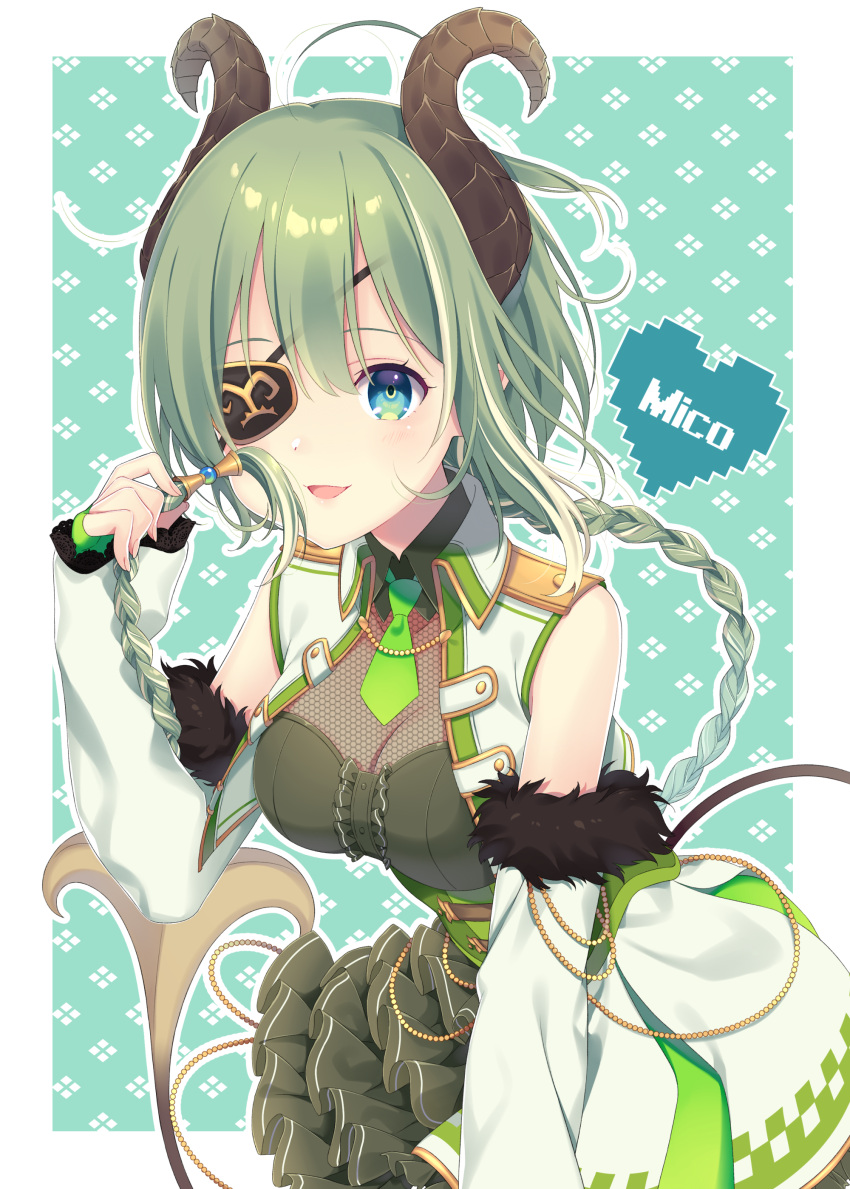 1girl :d absurdres blue_eyes braid breasts center_frills character_name cleavage detached_sleeves dress eyepatch frills fur-trimmed_sleeves fur_trim green_background green_dress green_hair hair_between_eyes hand_up heart highres honey_strap kusumoto_shizuru lace-trimmed_sleeves lace_trim layered_dress long_hair medium_breasts nanashi_inc. open_clothes open_vest outline pixelated pleated_dress see-through see-through_cleavage sekishiro_mico single_braid sleeves_past_wrists smile solo two-tone_background very_long_hair vest virtual_youtuber white_background white_outline white_sleeves white_vest