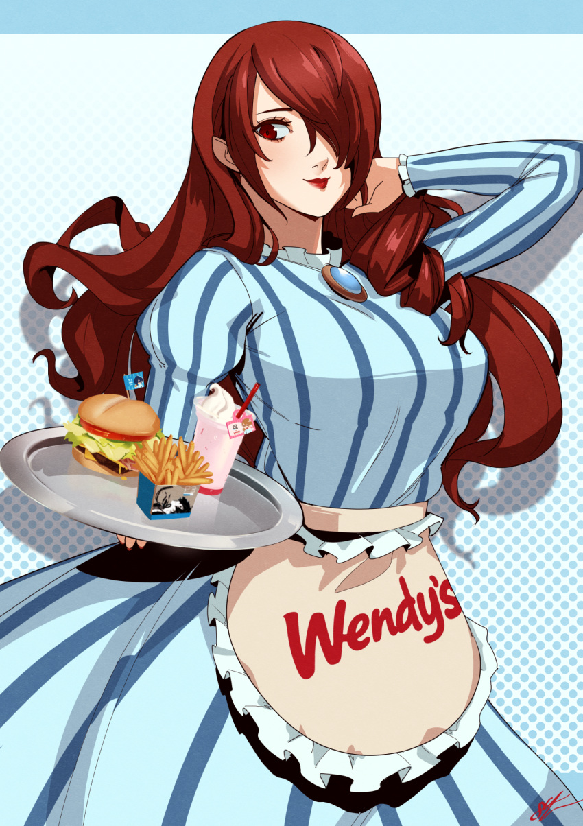 1girl alternate_costume apron blue_dress brooch burger closed_mouth commentary dress drill_hair eightyfourart employee_uniform english_commentary fast_food_uniform food french_fries hair_over_one_eye highres holding holding_tray jewelry kirijou_mitsuru lips lipstick long_hair long_sleeves looking_at_viewer makeup one_eye_covered persona persona_3 persona_3_reload red_eyes red_hair red_lips smile solo striped_clothes striped_dress tray uniform waist_apron wendy's