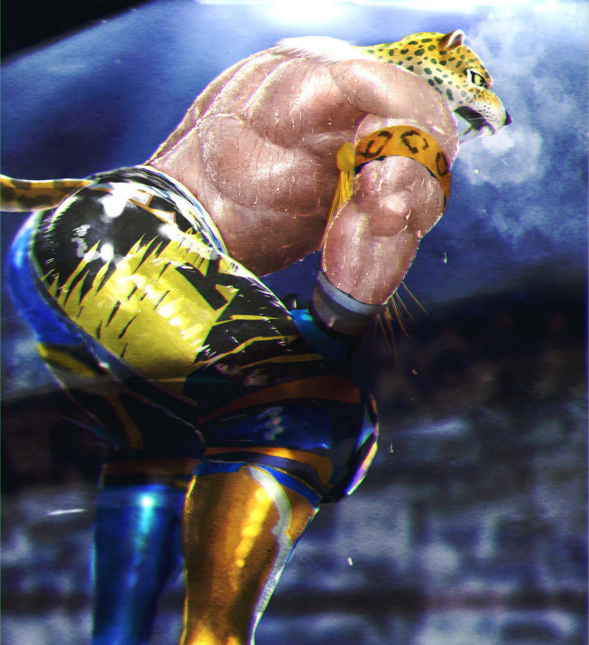1boy animal_ears animal_head ass bara feet_out_of_frame from_below from_side heavy_breathing highres jaguar_boy jaguar_ears jaguar_tail king_(tekken) large_pectorals leaning_forward male_focus muscular muscular_male no-zp paid_reward_available pectorals spandex sweat tail tekken thick_thighs thighs topless_male very_sweaty wrestler wrestling_outfit wrestling_ring
