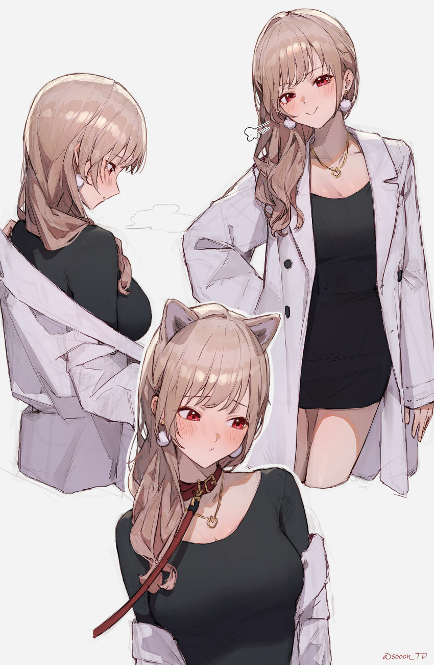 1girl absurdres alternate_costume animal_collar animal_ears black_dress blush breasts brown_hair cat_ears cleavage closed_mouth coat collar collarbone commentary doyagao dress earrings from_behind furen_e_lustario hand_on_own_hip highres jewelry kemonomimi_mode long_hair long_sleeves looking_at_viewer looking_down looking_to_the_side medium_breasts multiple_views necklace nijisanji off_shoulder open_clothes open_coat pet_play pom_pom_(clothes) pom_pom_earrings red_collar red_eyes sideways_mouth simple_background sleeves_past_wrists smile smug solo sooon upper_body virtual_youtuber white_background white_coat