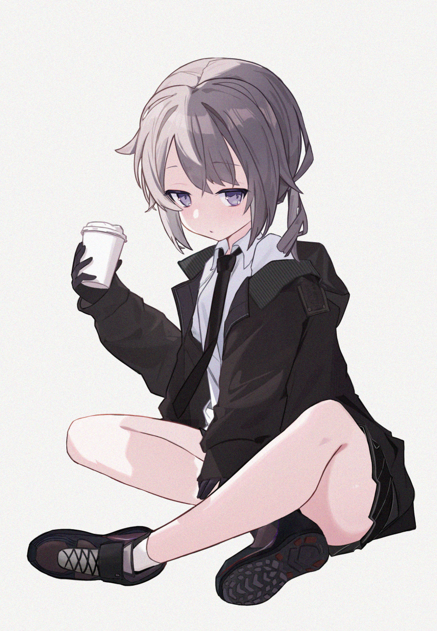 1girl absurdres black_gloves black_jacket black_necktie black_skirt collared_shirt cup disposable_cup expressionless girls'_frontline gloves grey_hair highres holding holding_cup jacket looking_at_viewer m200_(girls'_frontline) necktie pleated_skirt purple_eyes shirt shoes short_hair sitting skirt sneakers solo white_background white_shirt yilubo1