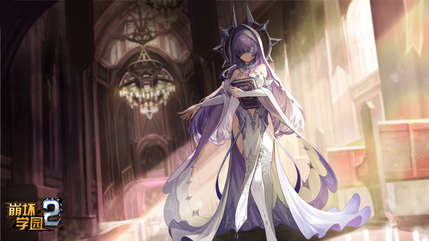 1girl bare_shoulders benghuai_xueyuan blindfold book breasts bridal_gauntlets choker cleavage copyright_name famine_apocalypse_(benghuai_xueyuan) halo highres holding holding_book honkai_(series) indoors logo long_hair navel nun official_art pelvic_curtain purple_hair second-party_source smile solo thighhighs veil