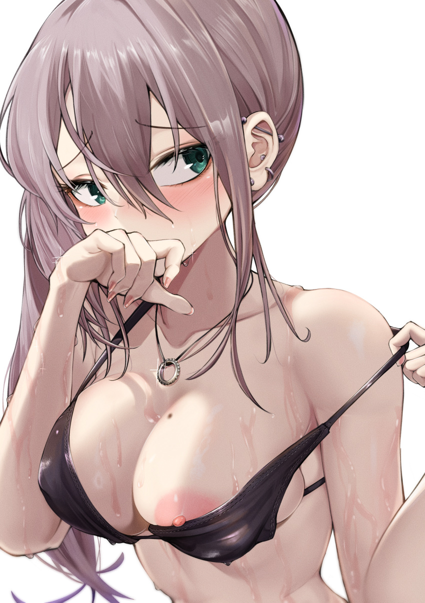 1girl absurdres ar-57_(girls'_frontline) bare_shoulders bikini black_bikini blush breasts brown_hair closed_mouth collarbone covering_own_mouth fingernails girls'_frontline green_eyes hair_between_eyes highres jewelry kuzumotsu large_breasts long_fingernails long_hair looking_at_viewer mole mole_on_breast necklace nipple_slip nipples piercing pulled_by_self solo strap_pull swimsuit upper_body wet