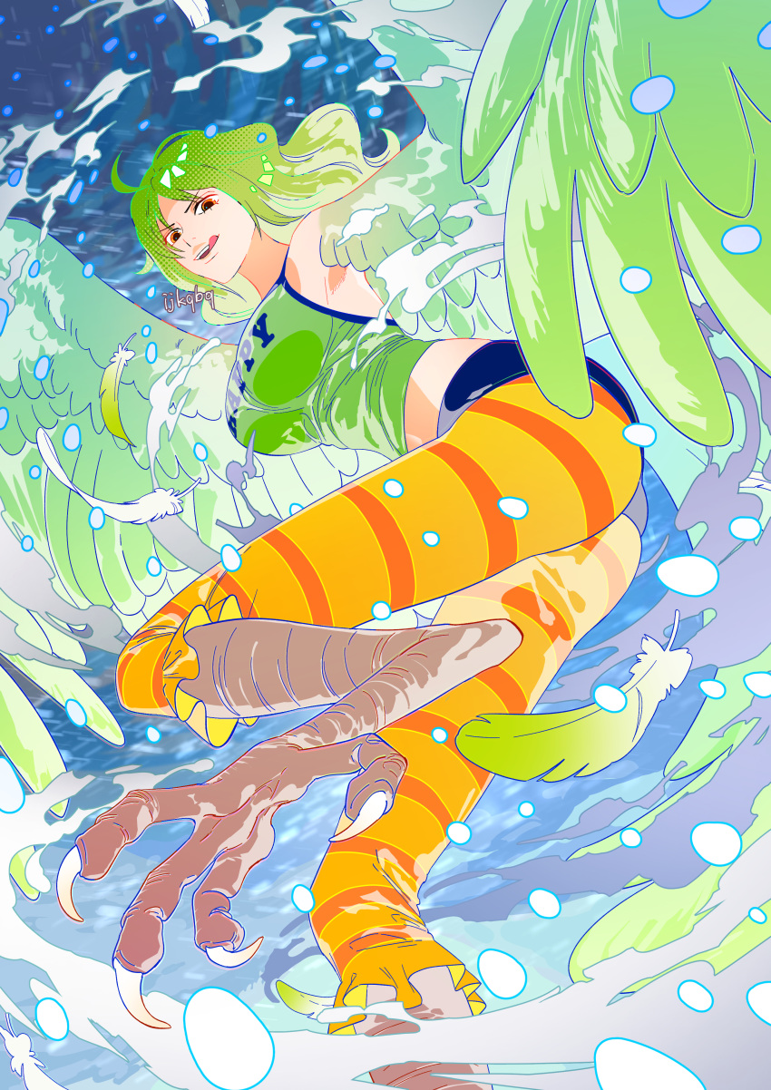 1girl absurdres artist_name ass bare_shoulders bird_legs breasts clothes_writing commentary_request crop_top feathered_wings feathers green_feathers green_hair green_tank_top green_wings harpy highres ijk969 large_breasts long_hair looking_at_viewer midriff monet_(one_piece) monster_girl one_piece open_mouth snow solo striped_clothes striped_leggings talons tank_top tongue tongue_out winged_arms wings yellow_eyes