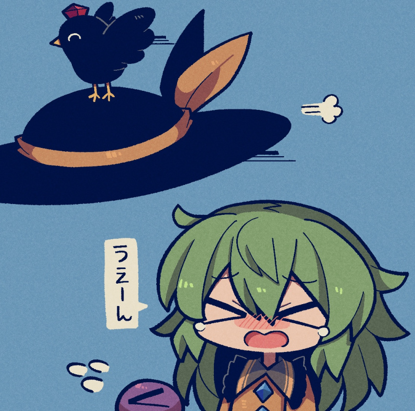 &gt;_&lt; 1girl adapted_costume animal bird black_headwear black_wings blue_background blush buttons closed_eyes collar collared_shirt crow crying diamond_(shape) diamond_button feathered_wings frilled_shirt frilled_shirt_collar frills green_collar green_hair hair_between_eyes hat hat_ornament hat_ribbon komeiji_koishi long_hair long_sleeves nose_blush open_mouth peak red_headwear ribbon shameimaru_aya shameimaru_aya_(crow) shirt simple_background speech_bubble tears theft third_eye tokin_hat touhou translation_request wings yellow_ribbon yellow_shirt zunusama