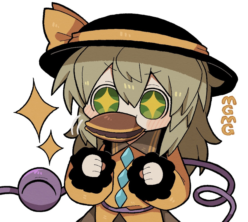 +_+ 1girl black_headwear blush buttons clenched_hands collared_shirt diamond_(shape) diamond_button dorayaki eating food food_in_mouth frilled_shirt frilled_shirt_collar frilled_sleeves frills green_eyes green_skirt grey_hair hair_between_eyes hands_up happy hat hat_ribbon jaggy_lines komeiji_koishi long_hair long_sleeves mg_mg no_sclera ribbon shirt simple_background skirt solo symbol-shaped_pupils third_eye touhou wagashi white_background yellow_shirt zunusama