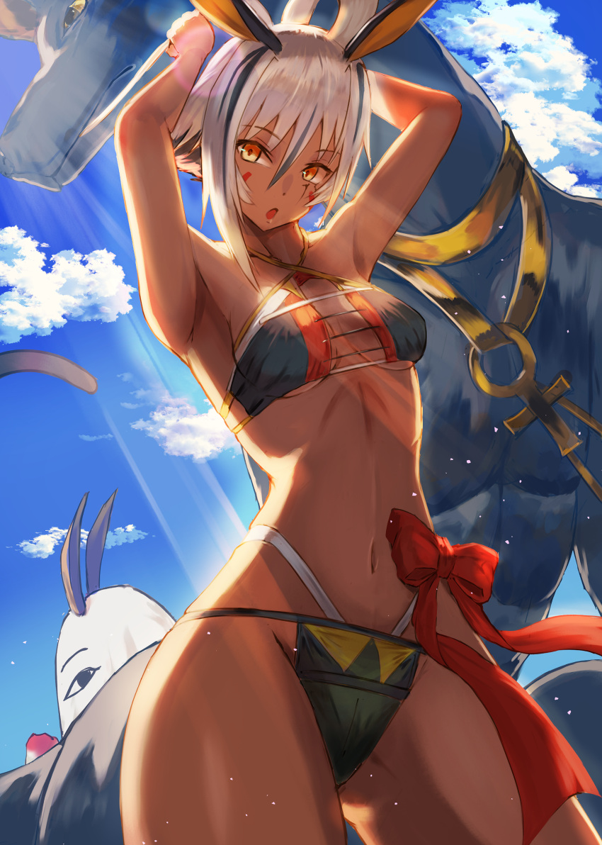 1girl absurdres armpits arms_up blue_sky cloud dark-skinned_female dark_skin fate/grand_order fate_(series) highres inugami86 medjed_(fate) navel nitocris_alter_(fate) open_mouth short_hair sky swimsuit white_hair yellow_eyes