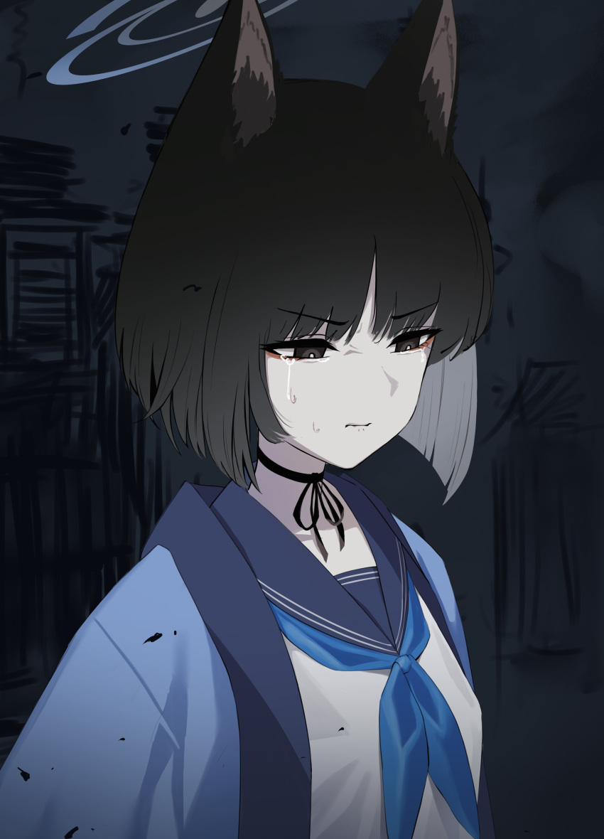 1girl absurdres animal_ear_fluff animal_ears black_choker black_eyes black_hair blue_archive bob_cut bow_choker cat_ears cat_girl choker commentary_request crying crying_with_eyes_open eyeshadow halo haori highres japanese_clothes kikyou_(blue_archive) long_sleeves looking_at_viewer makeup parted_bangs red_eyeshadow ribbon_choker short_hair sidelocks simple_background solo streaming_tears takinohamira tears