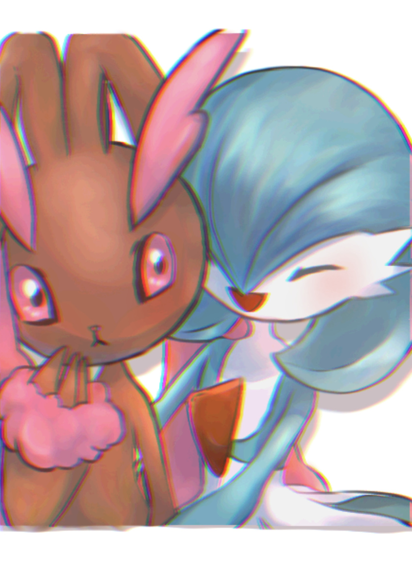 2girls :&lt; ^_^ aliasing alternate_color animal_ears animal_nose blue_hair blue_skin blush bob_cut body_fur brown_fur butter_(oshi8kyoumoh) chromatic_aberration closed_eyes closed_mouth colored_skin commentary_request drop_shadow flat_chest furry furry_female gardevoir hair_between_eyes hand_to_own_mouth hand_up happy highres looking_at_another lopunny multicolored_skin multiple_girls open_mouth partial_commentary pink_eyes pink_fur pointy_ears pokemon pokemon_(creature) rabbit_ears rabbit_girl resized shiny_pokemon short_hair simple_background smile two-tone_fur two-tone_skin upper_body upscaled white_background white_skin