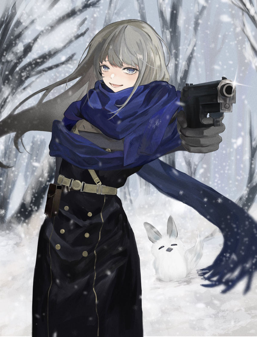 1girl :d aiming aiming_at_viewer bare_tree belt belt_pouch bkornblume black_coat black_dress black_gloves blue_eyes blue_scarf coat coat_dress dress fennec_fox floating_hair forest gloves grey_hair gun handgun highres holding holding_gun holding_weapon long_hair looking_at_viewer lune nature outstretched_arm outstretched_hand pouch reverse:1999 sam_browne_belt scarf smile snow snowing solo sparkle tree upper_body weapon winter