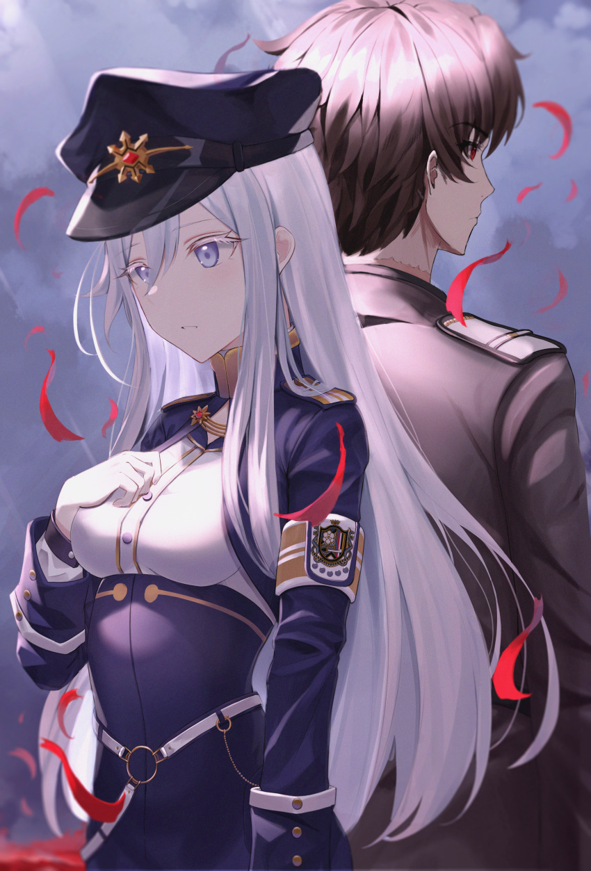 1boy 1girl 86_-eightysix- absurdres armband back-to-back belt black_hair black_jacket blue_jacket breasts coat_of_arms falling_petals first_one14 framed_breasts gem gloves grey_eyes hair_between_eyes hat highres jacket long_hair long_sleeves medium_breasts military_hat military_jacket military_rank_insignia military_uniform o-ring o-ring_belt peaked_cap petals red_eyes red_gemstone scar scar_on_neck shinei_nouzen uniform upper_body vladilena_millize white_belt white_gloves white_hair yellow_armband