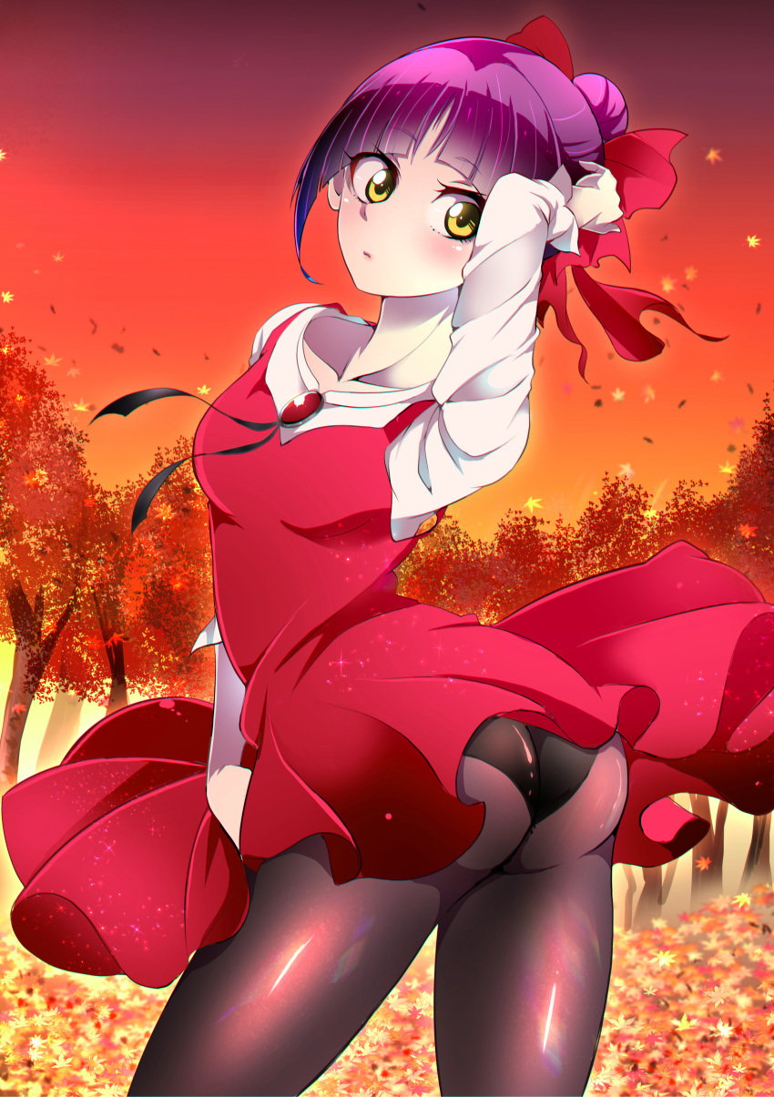 1girl absurdres arm_behind_head arm_up ass autumn black_panties black_ribbon bow brooch clothes_lift commentary cowboy_shot dress dress_lift dress_tug gegege_no_kitarou gradient_sky grey_pantyhose hair_bow highres jewelry light_frown long_sleeves looking_at_viewer looking_back mitsuki_tayura neck_ribbon nekomusume nekomusume_(gegege_no_kitarou_6) outdoors panties panties_under_pantyhose pantyhose pinafore_dress pointy_ears purple_hair red_bow red_dress ribbon shirt short_dress short_hair sky sleeveless sleeveless_dress solo standing tree underwear white_shirt wind wind_lift yellow_eyes