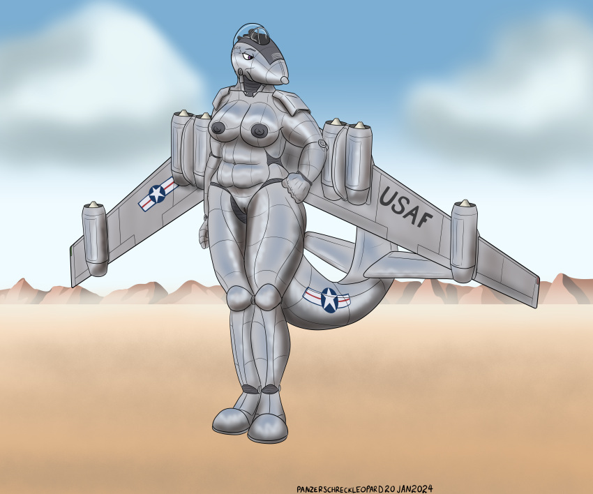 2024 absurd_res aircraft airplane anthro b-47_stratojet barely_visible_genitalia barely_visible_pussy big_breasts bomber breasts chrome_body cloud desert desert_background dust female genitals grumpy hand_on_hip hi_res jet living_aircraft living_machine living_vehicle machine natasha_(panzerschreckleopard) navel nipples nude outside panzerschreckleopard purple_eyes pussy slightly_chubby slightly_chubby_female solo standing united_states_air_force vehicle