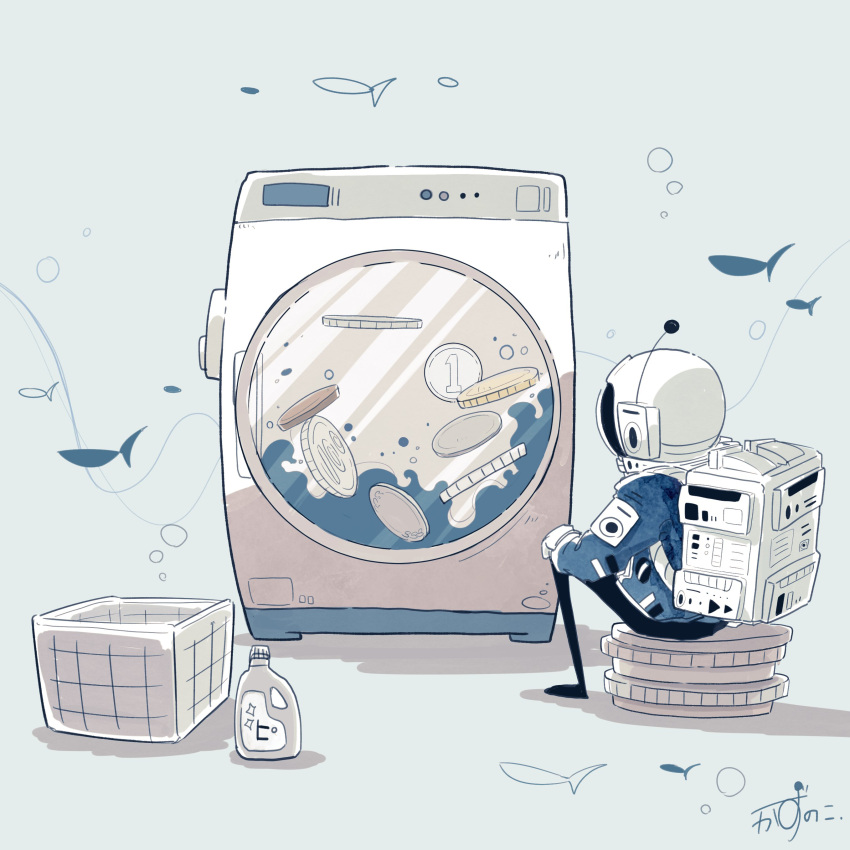 1other absurdres astronaut backpack bag box coin from_behind grey_background helmet highres kazunoko_(kazunoko_zunoco) laundry_basket original radio_antenna signature sitting soap_bottle solo space_helmet too_literal waiting washing water