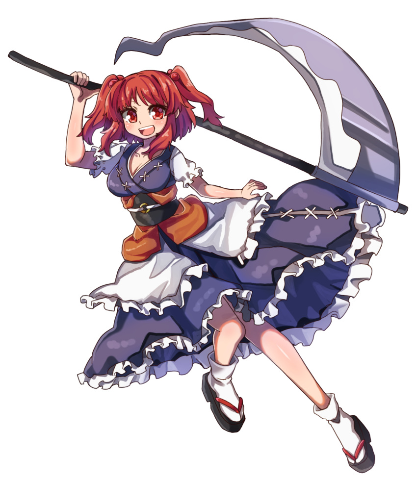 1girl :d black_footwear blue_dress breasts cleavage commentary dress full_body hair_bobbles hair_ornament highres holding holding_scythe looking_at_viewer obi one-hour_drawing_challenge onozuka_komachi open_mouth red_eyes red_hair renshirenji sash scythe short_sleeves simple_background smile socks solo teeth touhou two_side_up upper_teeth_only white_background white_socks