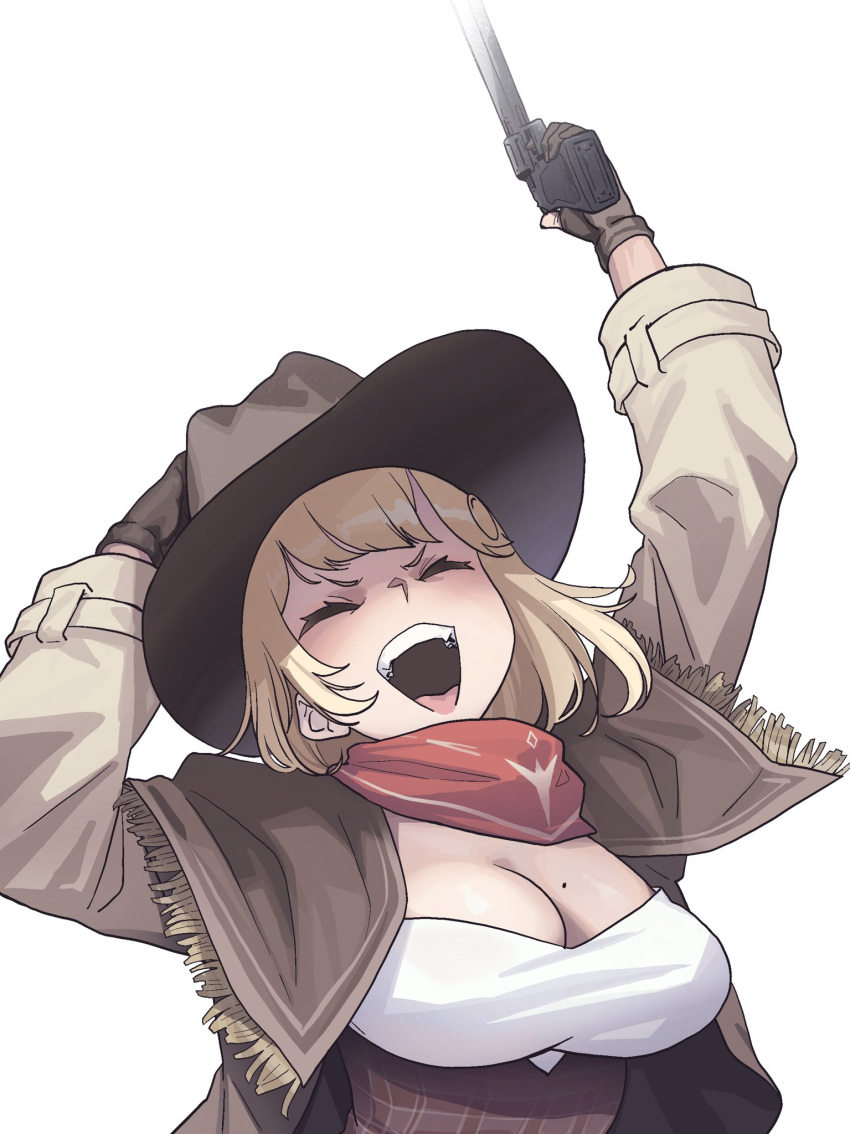 1girl ^_^ alternate_costume blonde_hair breasts cleavage closed_eyes cowboy cowboy_hat english_commentary gun hat highres hololive hololive_english large_breasts medium_hair mole mole_on_breast monocle open_mouth revolver scar shawl smile solo upper_body watson_amelia weapon zedd_(zedgawr)