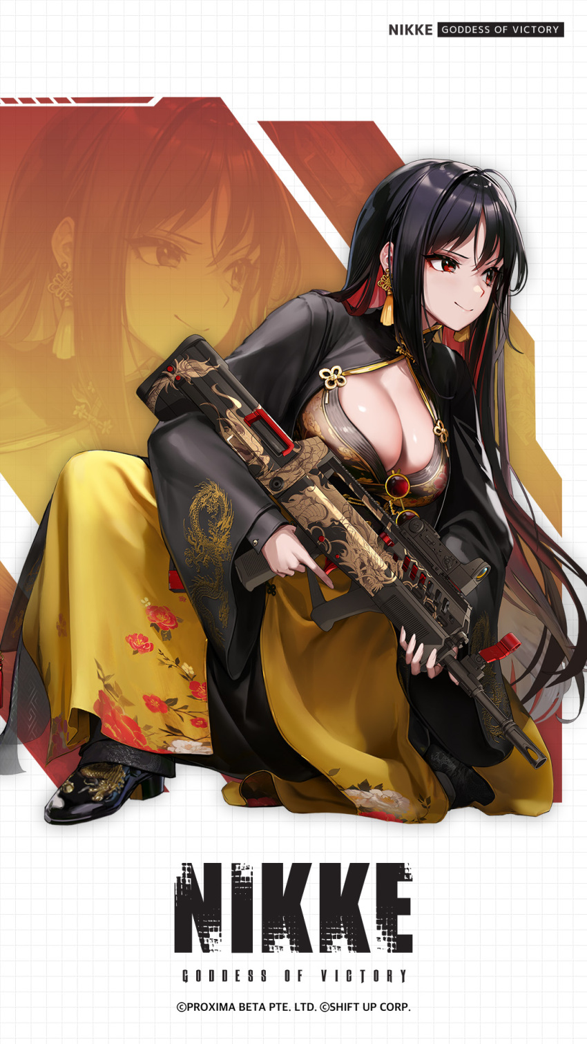 1girl ahoge artist_request assault_rifle black_dress black_footwear black_hair breasts cleavage closed_mouth dress earrings goddess_of_victory:_nikke gun high_heels highres holding holding_gun holding_weapon jewelry large_breasts long_hair long_sleeves moran_(nikke) official_art rifle second-party_source smile solo squatting watermark weapon yellow_dress