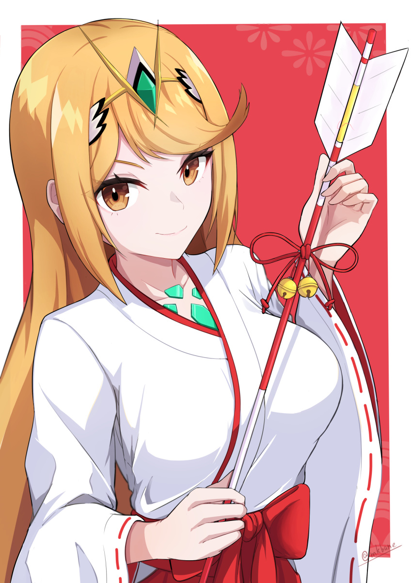 1girl arrow_(projectile) bell blonde_hair breasts chest_jewel hamaya highres holding holding_arrow japanese_clothes large_breasts long_hair looking_at_viewer makibane_(mkbane) mythra_(xenoblade) smile solo tiara upper_body xenoblade_chronicles_(series) xenoblade_chronicles_2 yellow_eyes